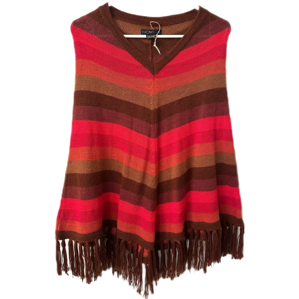 NEW Knit V-Neck Alpaca Wool Blend Poncho from Peru One Size Multicolor Stripes